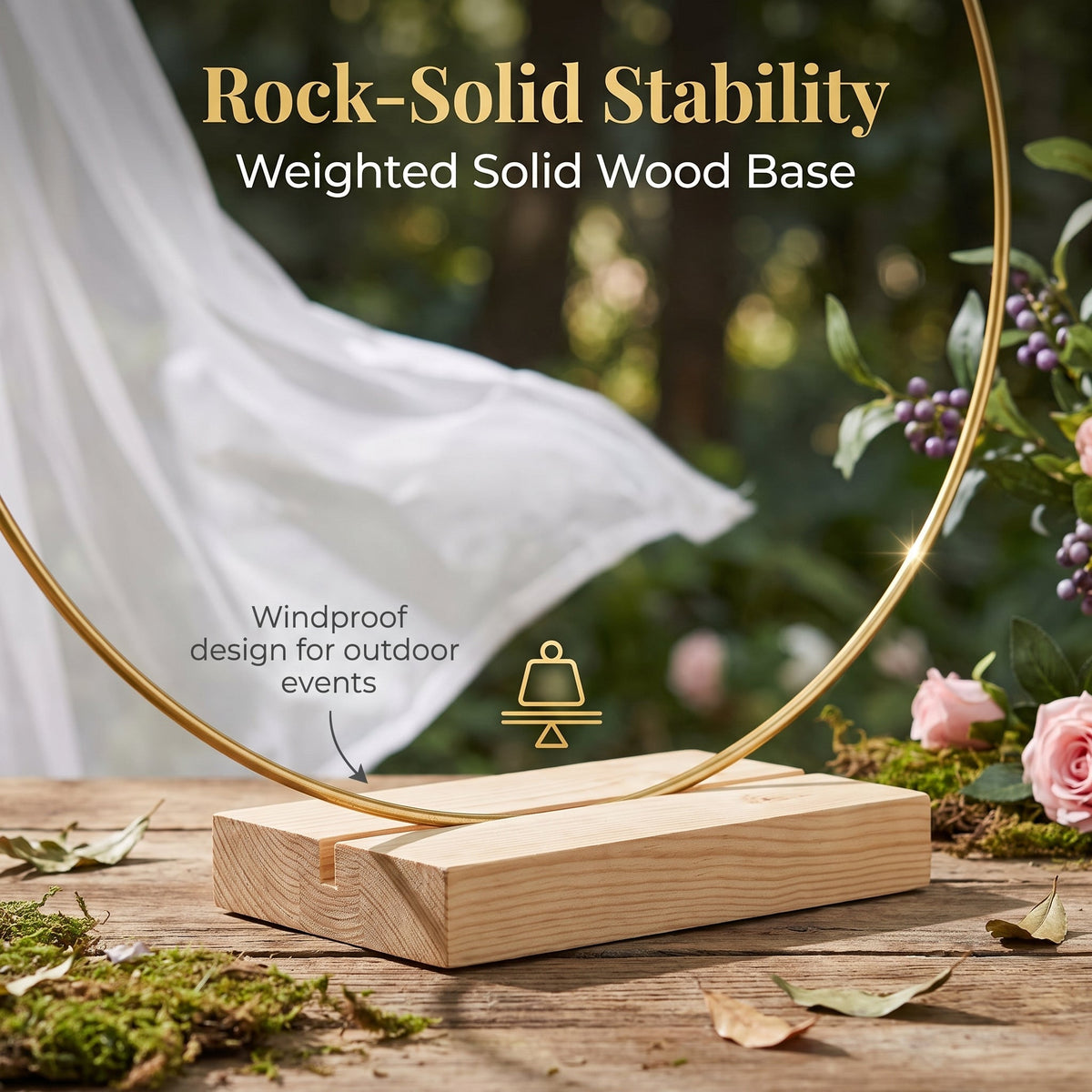 🌸 50 % RABATT! ✨ Dekorativ ring i guldton med trästativ – Anpassningsbar bordsdekoration med LED-ljusslinga, återanvändbar design för blommor, band och grönt – Elegant hantverk i järn och furu för evenemang och vardagsinredning