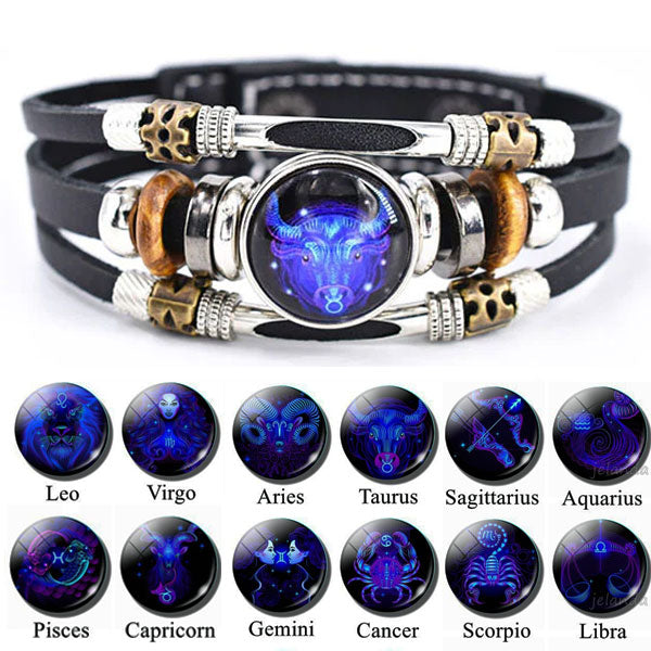 🌌 Bär ditt öde: Läderarmband med de 12 stjärnteckne 🌌