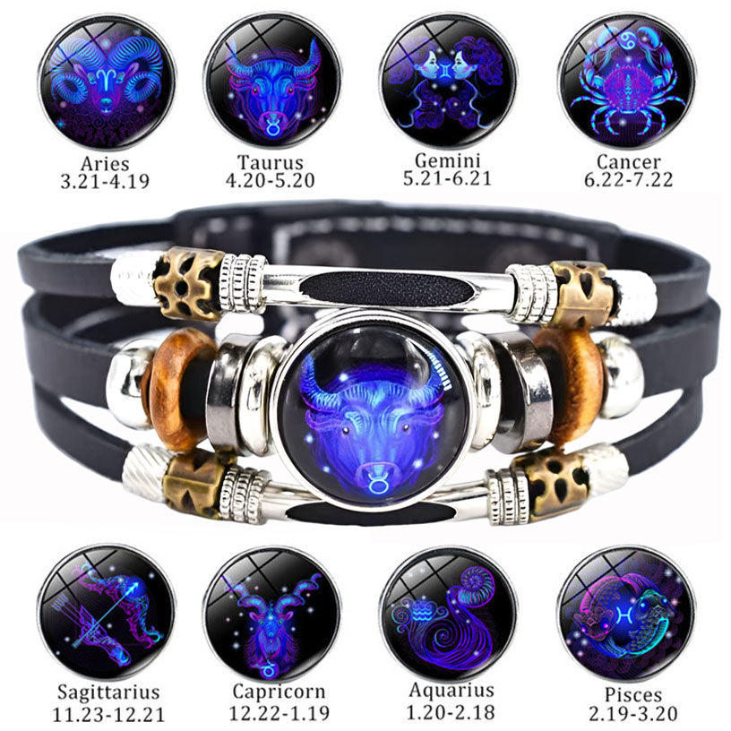 🌌 Bär ditt öde: Läderarmband med de 12 stjärnteckne 🌌