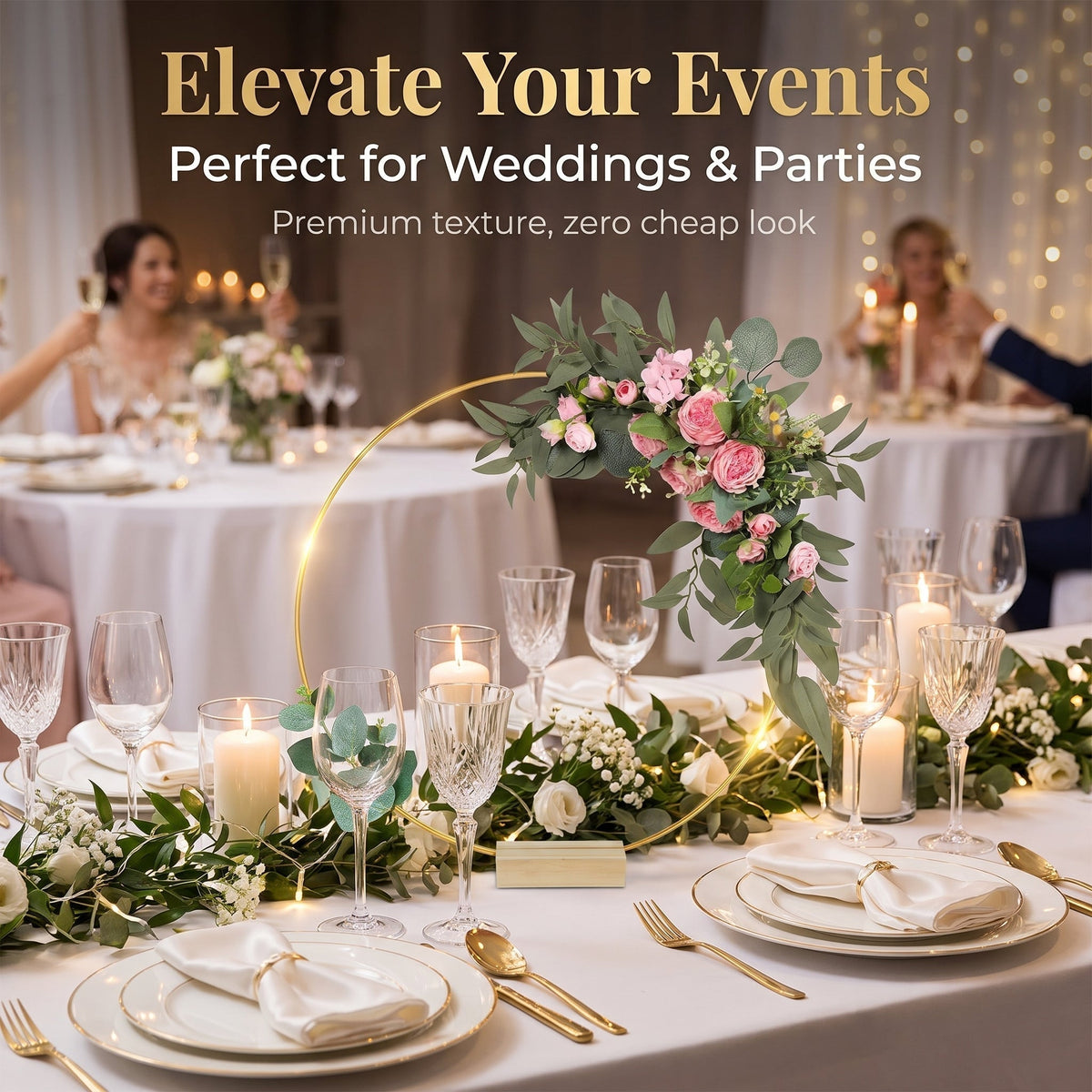 🌸 50 % RABATT! ✨ Dekorativ ring i guldton med trästativ – Anpassningsbar bordsdekoration med LED-ljusslinga, återanvändbar design för blommor, band och grönt – Elegant hantverk i järn och furu för evenemang och vardagsinredning