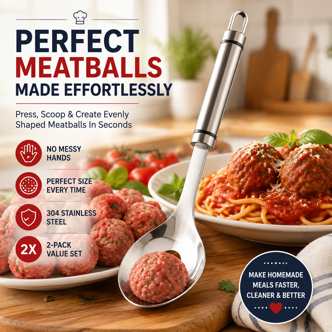 🍝🥄Köttbullssked i rostfritt stål – Gör perfekta köttbullar utan att kladda ner händern