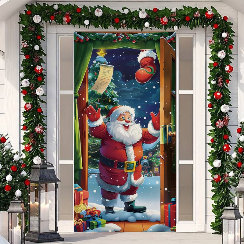 🎄 50% RABATT NU! Juldekoration för ytterdörr – festligt dörröverdrag med tomte, alver & banderoll – enkel installation på under en minut ✨