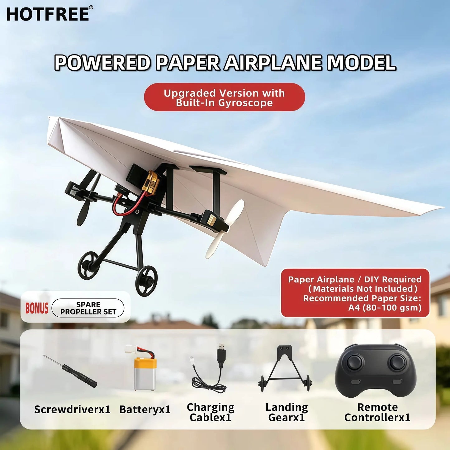 Hotfree motoriserat fjärrstyrt pappersflygplan (med gyroskopisk stabilisator) – DIY-elektriskt fjärrstyrt flygplan med två propellrar, lätt och hopfällbart STEM-leksak
