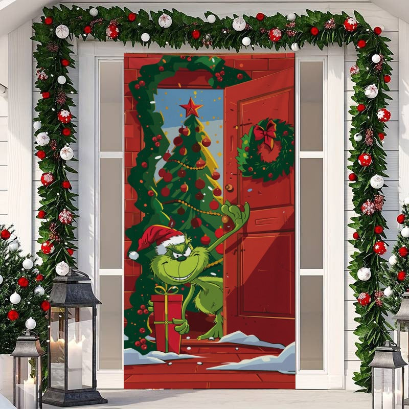 🎄 50% RABATT NU! Juldekoration för ytterdörr – festligt dörröverdrag med tomte, alver & banderoll – enkel installation på under en minut ✨