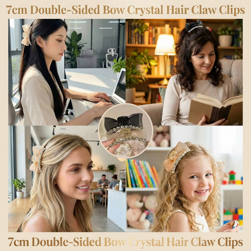 🎀7 cm dubbelsidiga hårklämmor med rosett och kristaller – passar alla åldrar perfekt