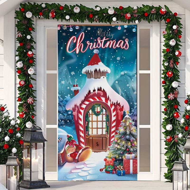 🎄 50% RABATT NU! Juldekoration för ytterdörr – festligt dörröverdrag med tomte, alver & banderoll – enkel installation på under en minut ✨
