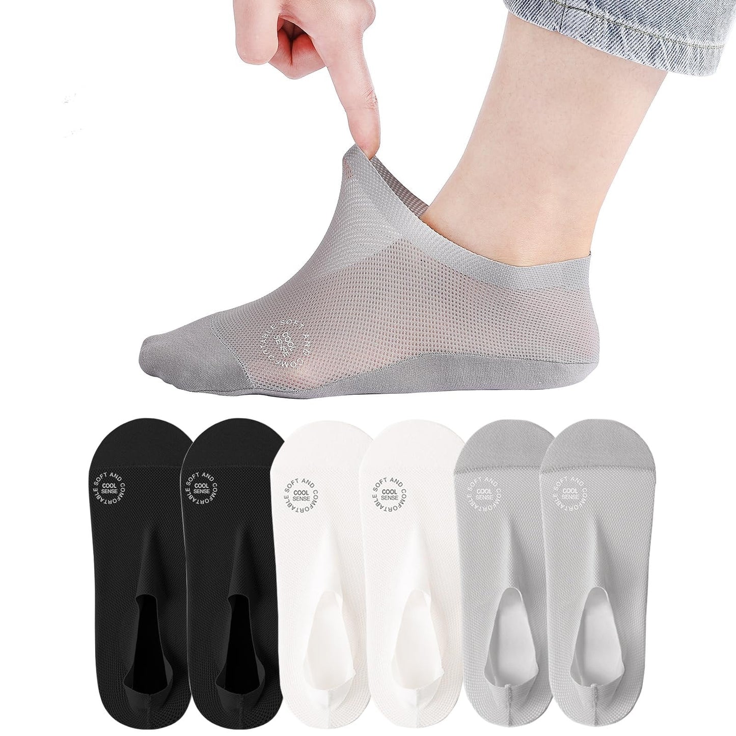 🔥 Förpackning med 3 par osynliga strumpor med halkskydd 🧦 – Andningsbar, låg design med halkskydd och svettabsorberande egenskape