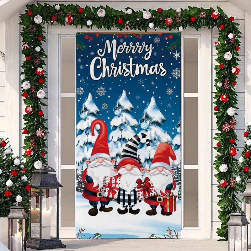🎄 50% RABATT NU! Juldekoration för ytterdörr – festligt dörröverdrag med tomte, alver & banderoll – enkel installation på under en minut ✨