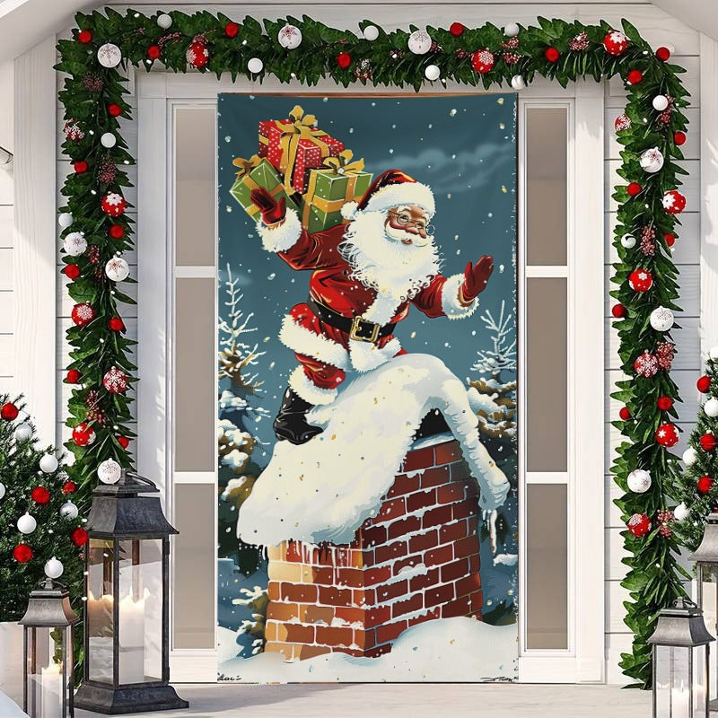 🎄 50% RABATT NU! Juldekoration för ytterdörr – festligt dörröverdrag med tomte, alver & banderoll – enkel installation på under en minut ✨