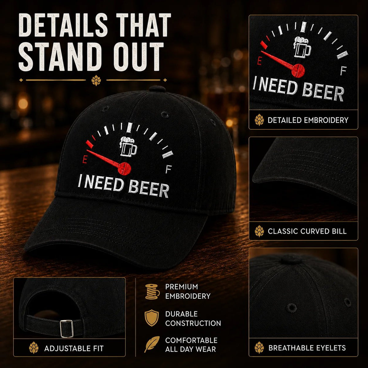 🍺 Basebollkeps med broderiet ”I NEED BEER” – Unisex-minneskeps