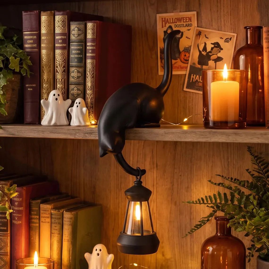 🐈‍Söt kattfigur till bokhyllan med LED-lampa – Söt dekoration till bokhyllan och praktisk nyckelhållar