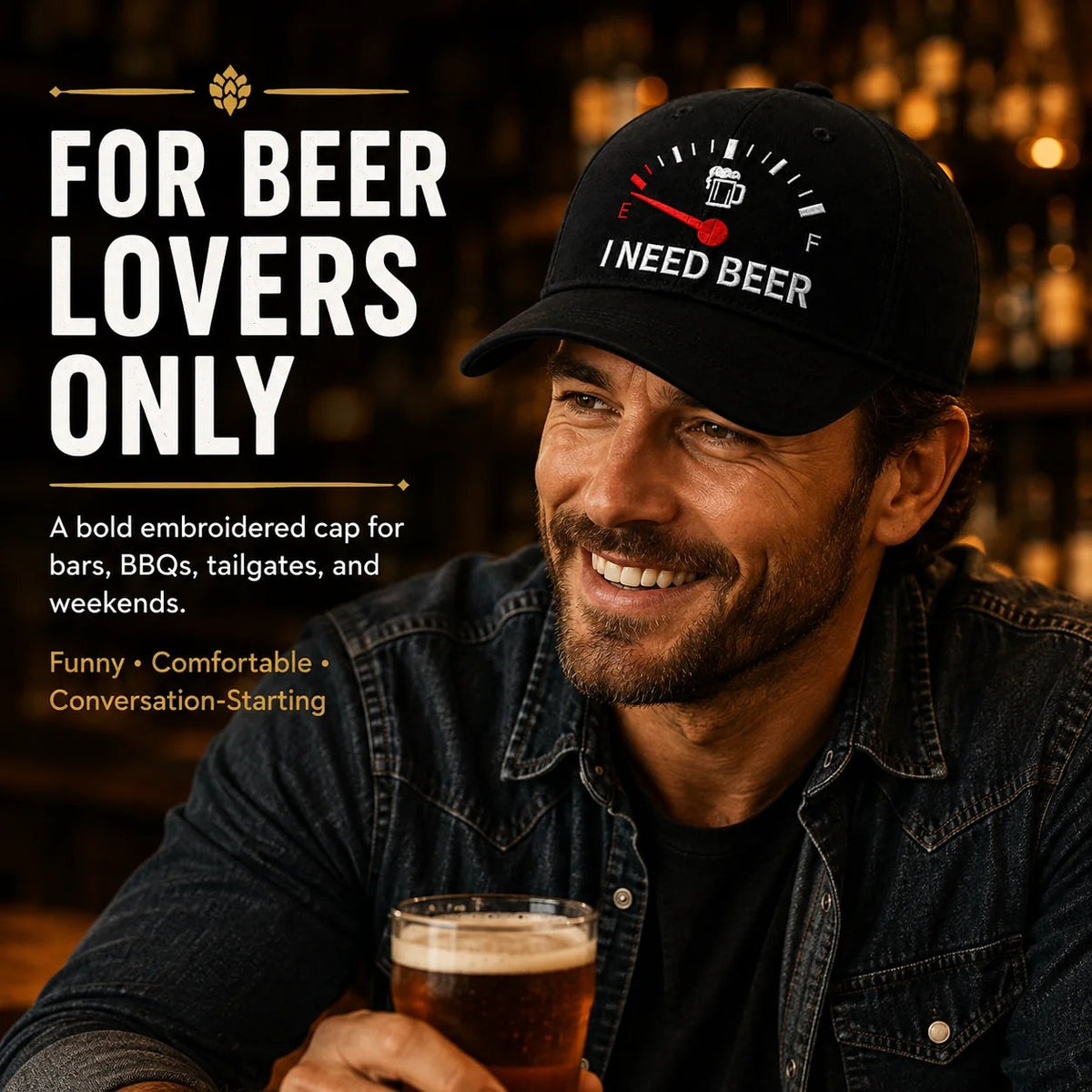 🍺 Basebollkeps med broderiet ”I NEED BEER” – Unisex-minneskeps