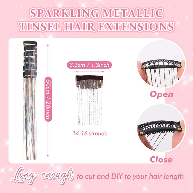 ✨ [Instant Sparkle] 12-delars clip-in tinsel hårförlängningar | Lys upp på några sekunder! 🦄