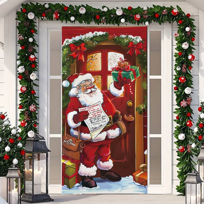 🎄 50% RABATT NU! Juldekoration för ytterdörr – festligt dörröverdrag med tomte, alver & banderoll – enkel installation på under en minut ✨
