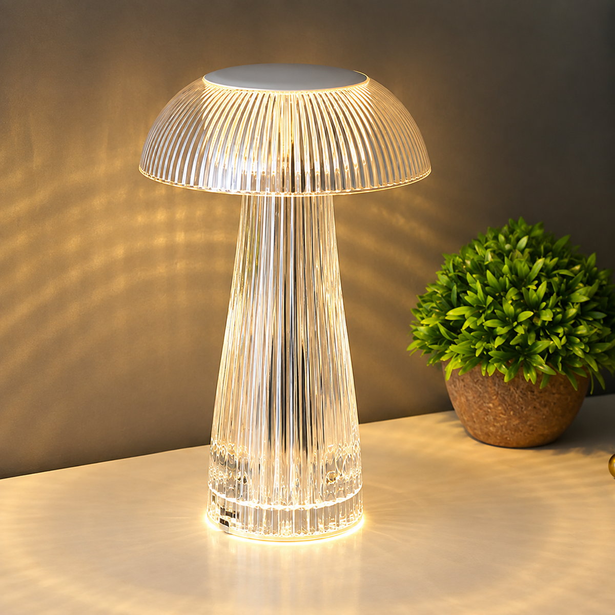 Bordslampa i akryl med rosformad kristall och pekstyrning