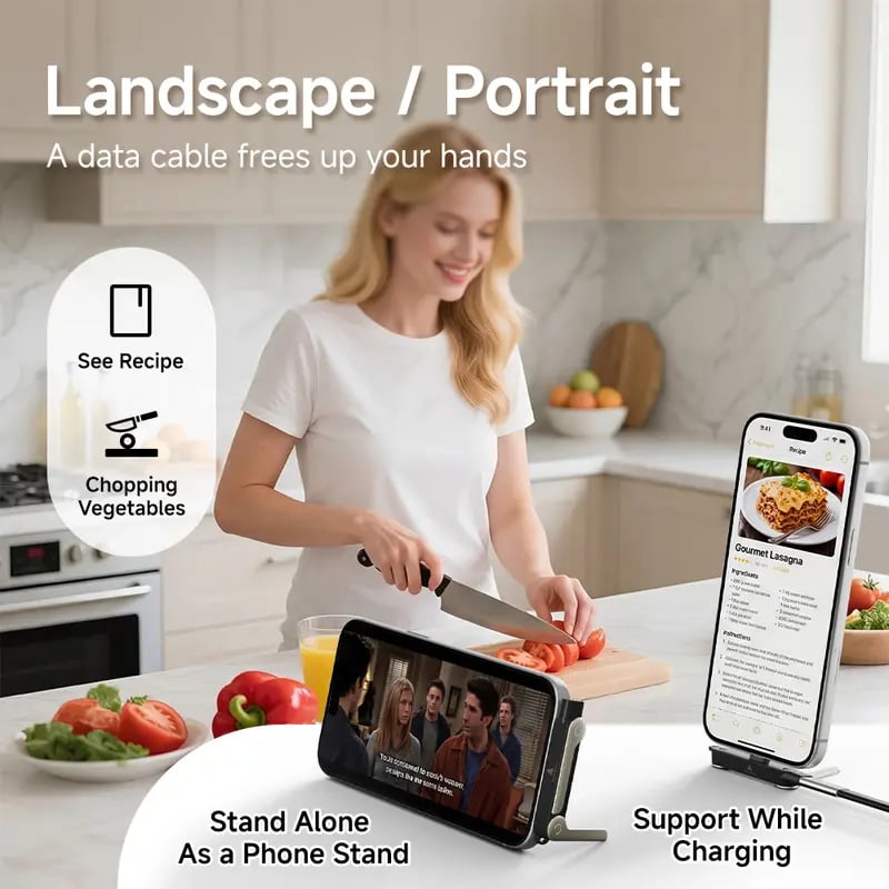 2-i-1 laddningskabel med 240W SuperCharge, 360° roterbart & osynligt stativ, avtagbar design