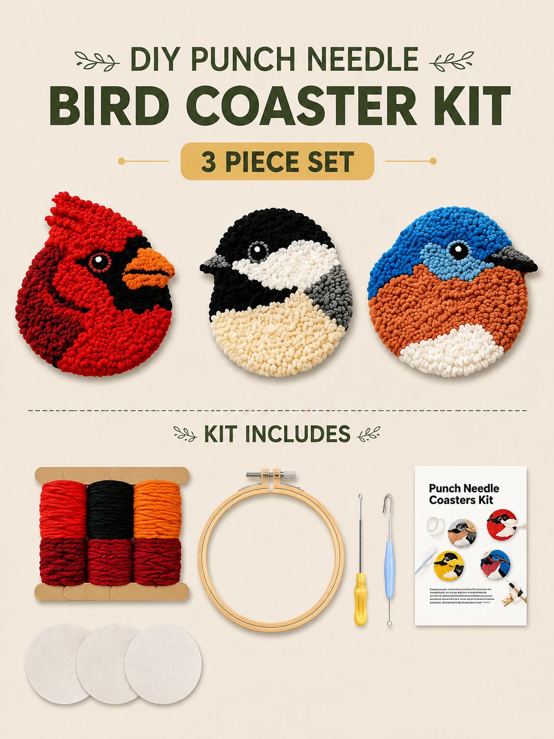 🧵Perfekt för nybörjare🐦DIY-kit för fågelunderlägg med stansnå