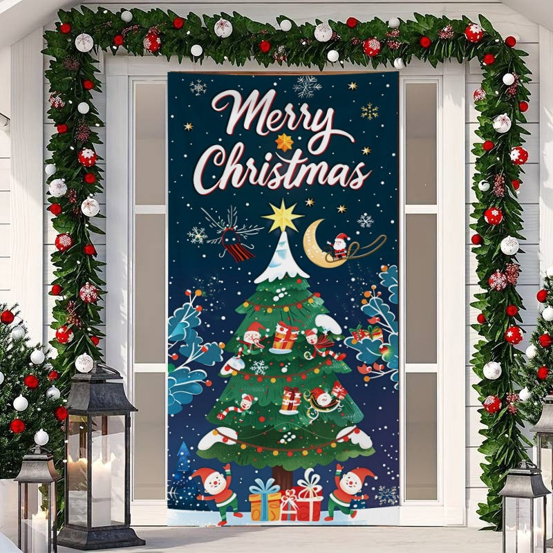 🎄 50% RABATT NU! Juldekoration för ytterdörr – festligt dörröverdrag med tomte, alver & banderoll – enkel installation på under en minut ✨