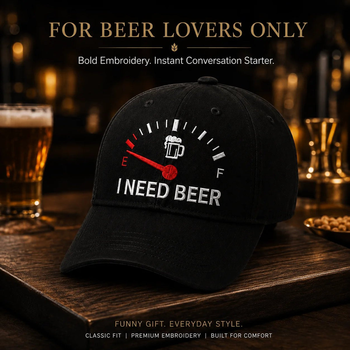 🍺 Basebollkeps med broderiet ”I NEED BEER” – Unisex-minneskeps