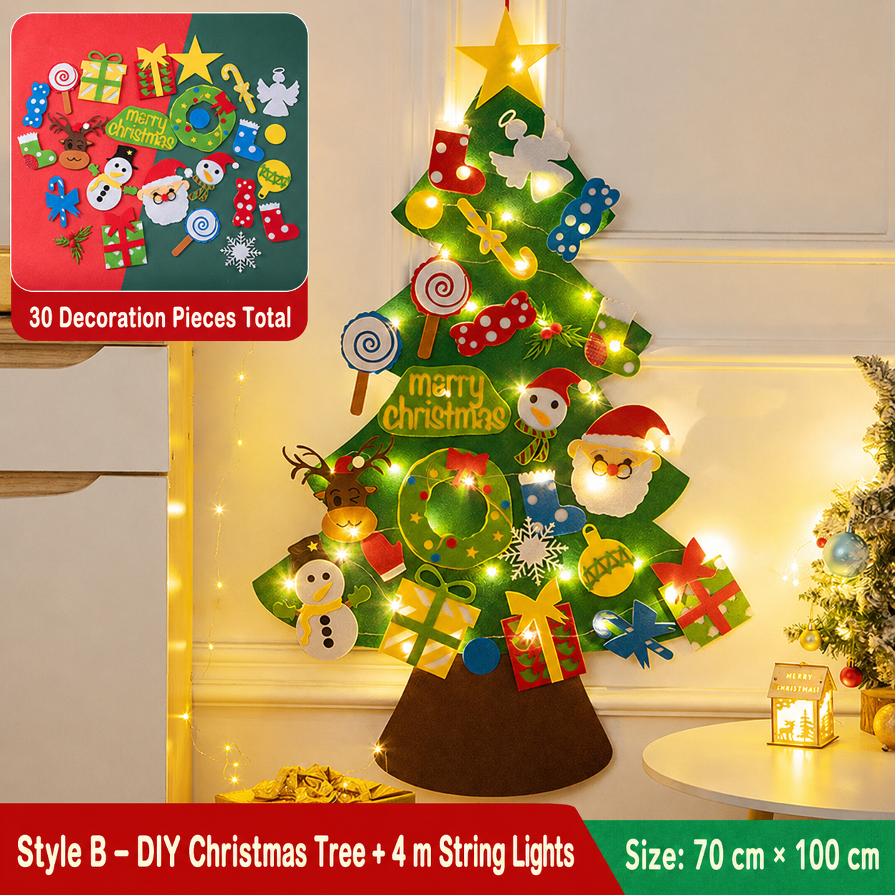 50 % rabatt!🎄DIY-julgran av filt för barn – 32 återanvändbara dekorationer + julbelysnin