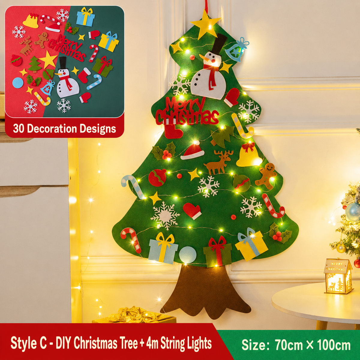 50 % rabatt!🎄DIY-julgran av filt för barn – 32 återanvändbara dekorationer + julbelysnin