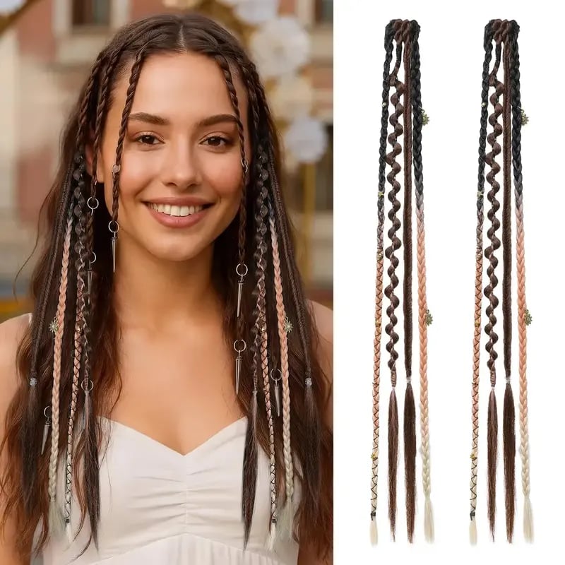 🌿🎨 Boho-flätor med pärlor och klämfäste – Enkel förvandling av frisyren för festivaler och vardagen (✨2 st.)