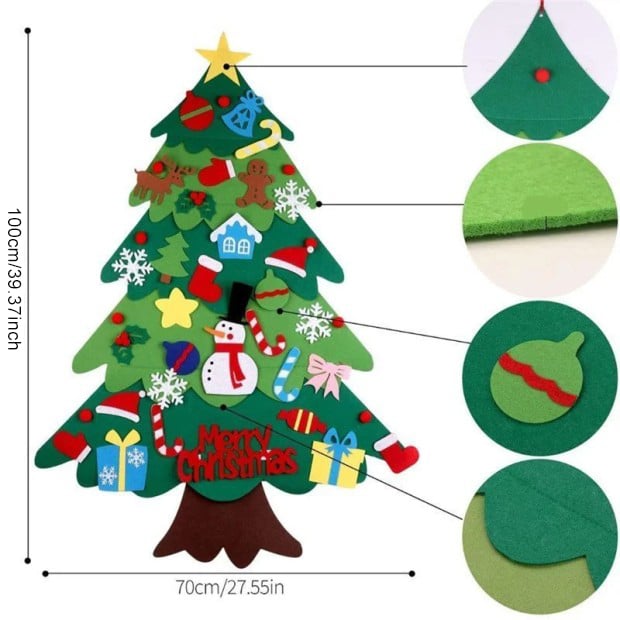 50 % rabatt!🎄DIY-julgran av filt för barn – 32 återanvändbara dekorationer + julbelysnin