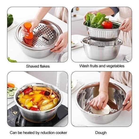 🥣 50% RABATT NU! Multifunktionell behållare i rostfritt stål från Tyskland – 3‑delat set – perfekt för siktning, rivning & förvaring – livsmedelsklassat 201 rostfritt stål 🍽️✨