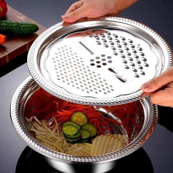 🥣 50% RABATT NU! Multifunktionell behållare i rostfritt stål från Tyskland – 3‑delat set – perfekt för siktning, rivning & förvaring – livsmedelsklassat 201 rostfritt stål 🍽️✨