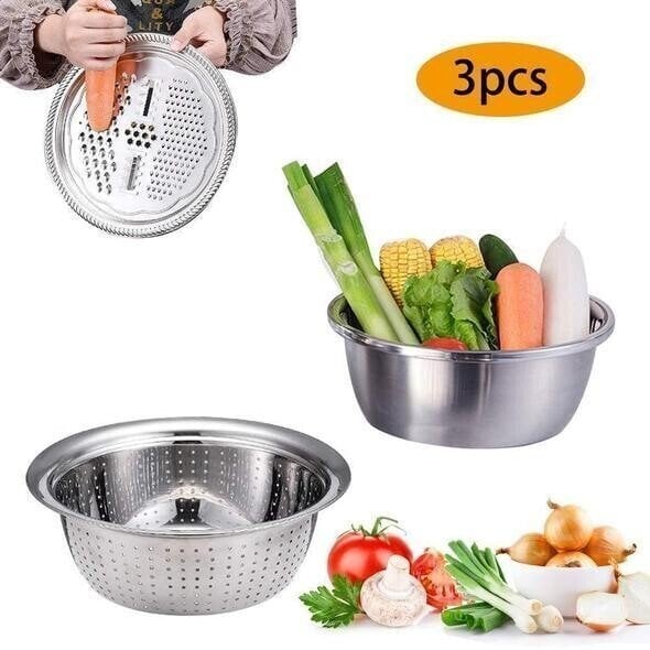 🥣 50% RABATT NU! Multifunktionell behållare i rostfritt stål från Tyskland – 3‑delat set – perfekt för siktning, rivning & förvaring – livsmedelsklassat 201 rostfritt stål 🍽️✨