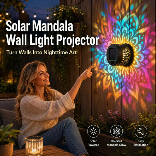 🌞 NU 50 % RABATT! 🌀 Mandala-sollampa – Vackra mönsterprojektioner, dubbel funktion för montering på golv och vägg, vattentät enligt IP65 samt automatisk på-/avstängning