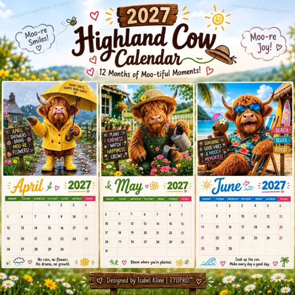 🐮 50% RABATT – ENDAST 179 KR! Rolig väggkalender med höglandskor för 2027 – A4-hängkalender – 12 charmiga motiv – perfekt för hemmet, kontoret eller som present 🌾✨
