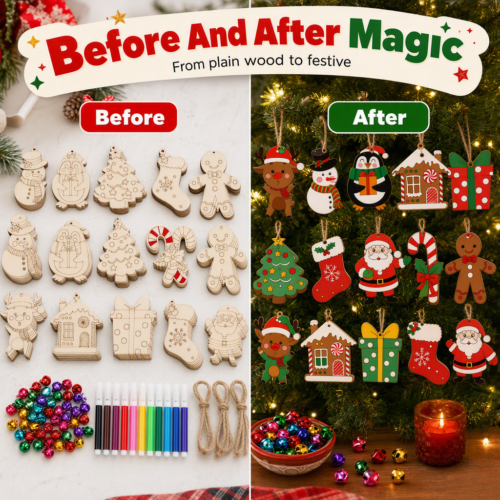 🎄 50% RABATT NU! DIY Christmas Wooden Ornaments Kit med pennor och klockor – släta träkanter, kreativ målning & komplett dekoration – perfekt för julpyssel med familjen ✨