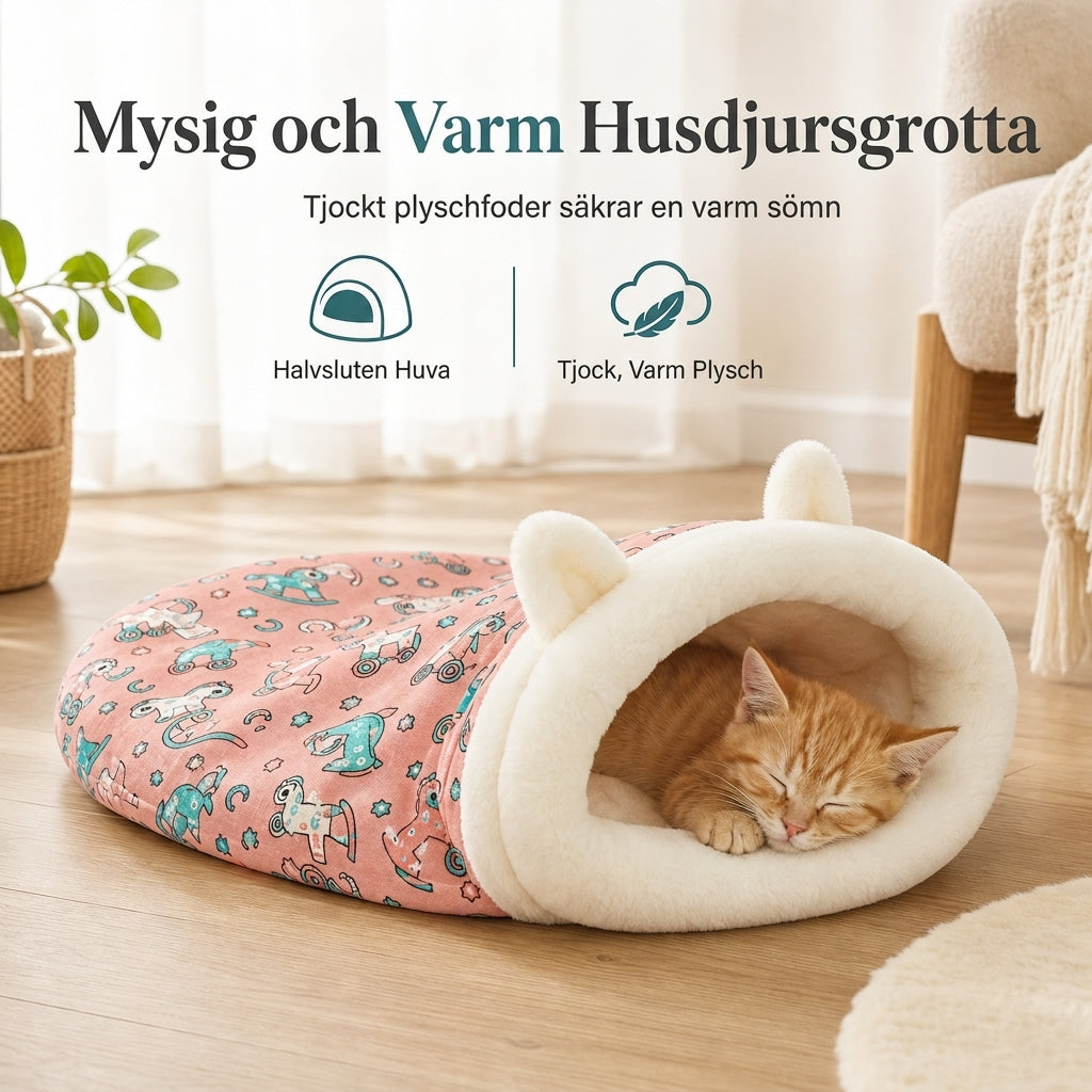 ✨50% RABATT NU! !✨🐱Halvsluten varm sovsäck, mjuk djupsovande grottbo för husdjur med täcke för katter och små hundar