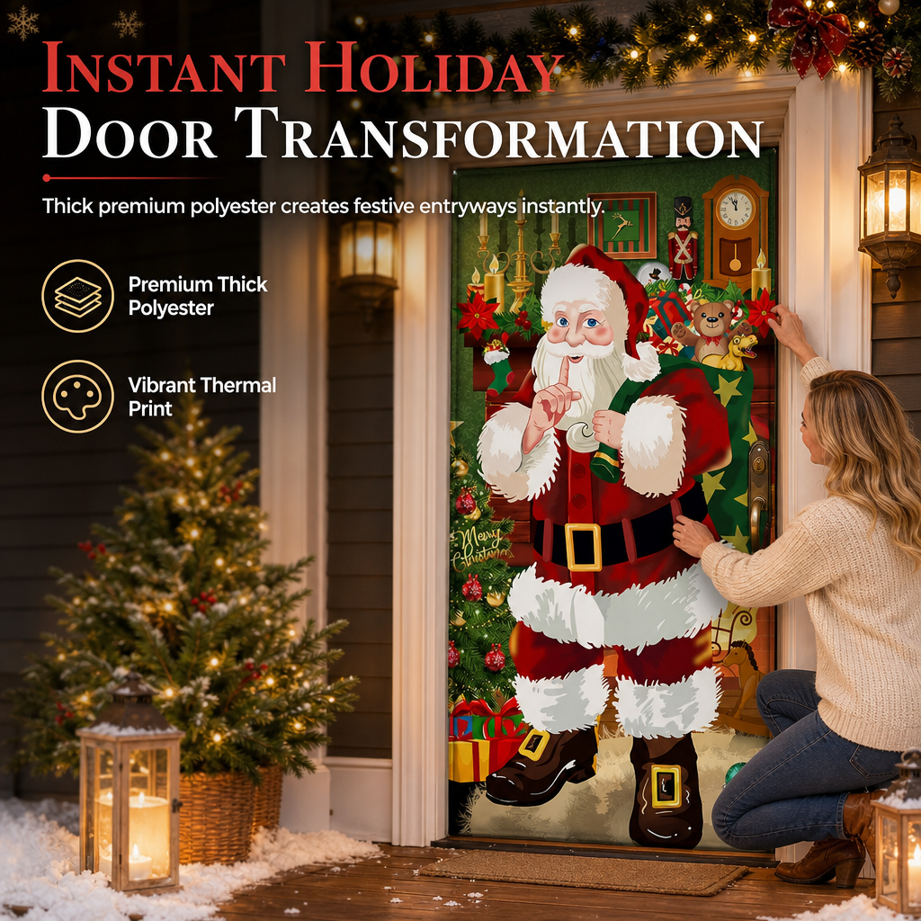 🎄 50% RABATT NU! Juldekoration för ytterdörr – festligt dörröverdrag med tomte, alver & banderoll – enkel installation på under en minut ✨