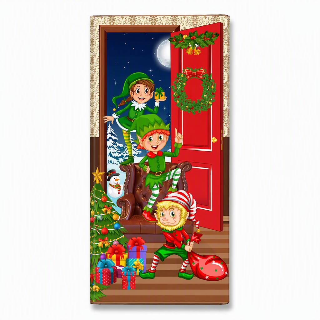 🎄 50% RABATT NU! Juldekoration för ytterdörr – festligt dörröverdrag med tomte, alver & banderoll – enkel installation på under en minut ✨