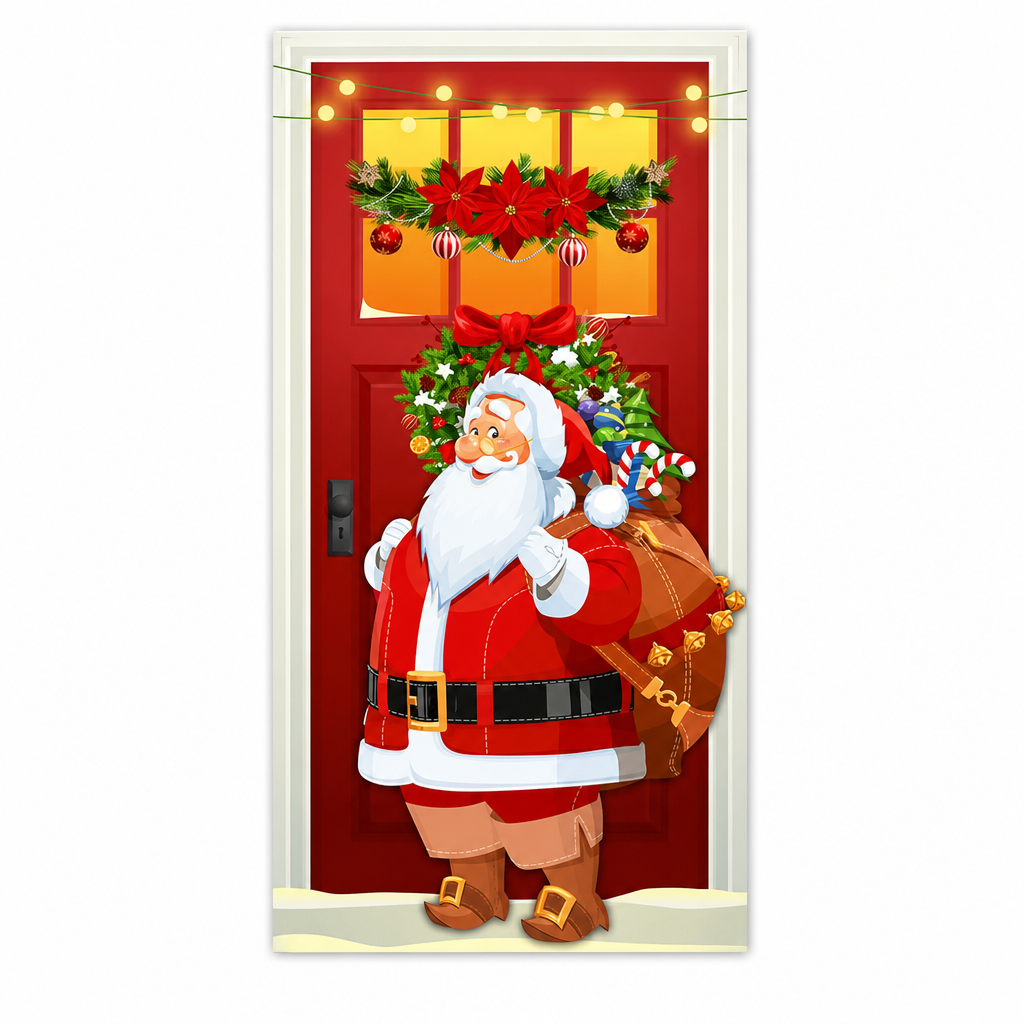 🎄 50% RABATT NU! Juldekoration för ytterdörr – festligt dörröverdrag med tomte, alver & banderoll – enkel installation på under en minut ✨