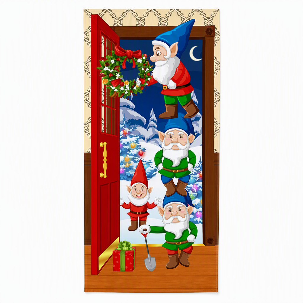 🎄 50% RABATT NU! Juldekoration för ytterdörr – festligt dörröverdrag med tomte, alver & banderoll – enkel installation på under en minut ✨