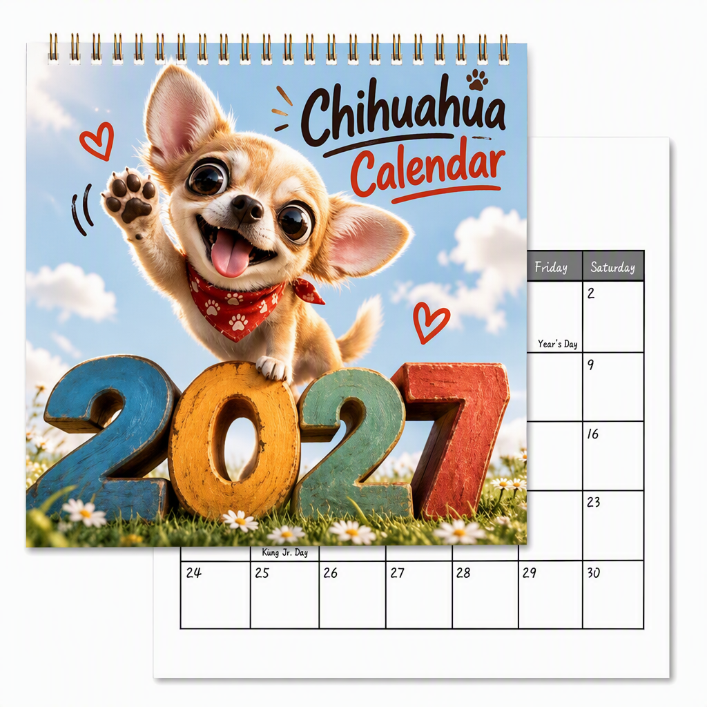 🔥🎁 Nyhet – 50 % RABATT! 🔥 Chihuahua-väggkalender för 12 månader – tolv bedårande illustrationer, tjockt papper & kompakt format – gör året sötare och mer organiserat 🐕✨