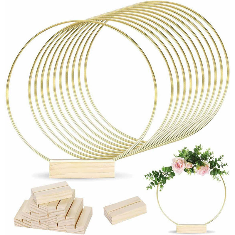 🌸 50 % RABATT! ✨ Dekorativ ring i guldton med trästativ – Anpassningsbar bordsdekoration med LED-ljusslinga, återanvändbar design för blommor, band och grönt – Elegant hantverk i järn och furu för evenemang och vardagsinredning