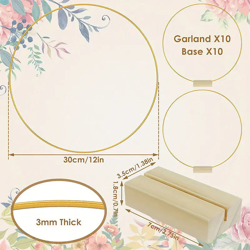 🌸 50 % RABATT! ✨ Dekorativ ring i guldton med trästativ – Anpassningsbar bordsdekoration med LED-ljusslinga, återanvändbar design för blommor, band och grönt – Elegant hantverk i järn och furu för evenemang och vardagsinredning