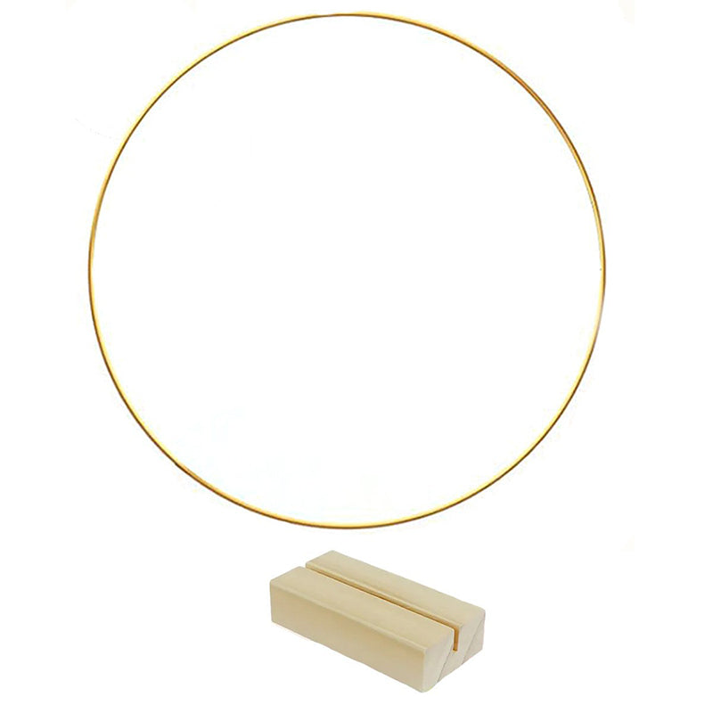🌸 50 % RABATT! ✨ Dekorativ ring i guldton med trästativ – Anpassningsbar bordsdekoration med LED-ljusslinga, återanvändbar design för blommor, band och grönt – Elegant hantverk i järn och furu för evenemang och vardagsinredning