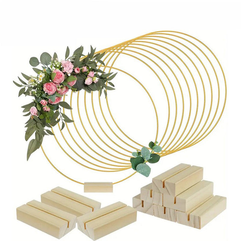 🌸 50 % RABATT! ✨ Dekorativ ring i guldton med trästativ – Anpassningsbar bordsdekoration med LED-ljusslinga, återanvändbar design för blommor, band och grönt – Elegant hantverk i järn och furu för evenemang och vardagsinredning