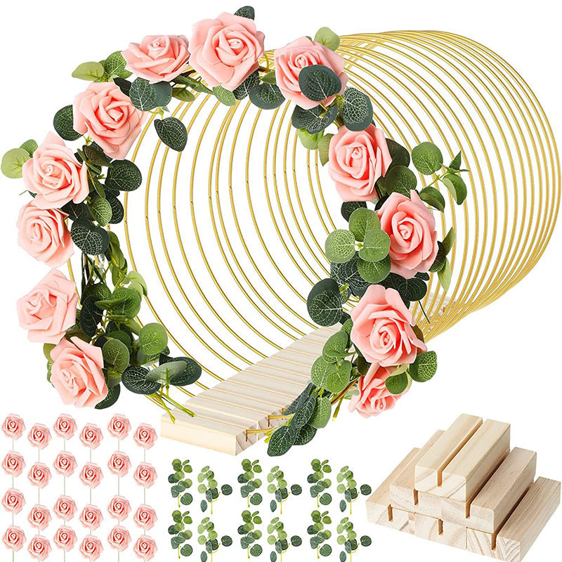 🌸 50 % RABATT! ✨ Dekorativ ring i guldton med trästativ – Anpassningsbar bordsdekoration med LED-ljusslinga, återanvändbar design för blommor, band och grönt – Elegant hantverk i järn och furu för evenemang och vardagsinredning